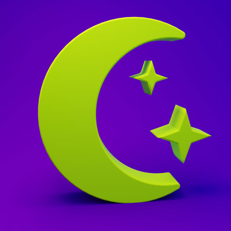 Green Moon and stars icon isolated on purple-blue background. Cloudy night sign. Sleep dreams symbol. Full moon. Night or bed time sign. Minimalism concept. 3D render illustration.の写真素材