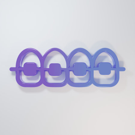 Purple-blue Teeth with braces icon isolated on gray background. Alignment of bite of teeth, dental row with with braces. Dental concept. Minimalism concept. 3D render illustration.の写真素材