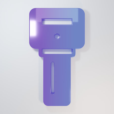 Purple-blue Car key with remote icon isolated on gray background. Car key and alarm system. Minimalism concept. 3D render illustration.の写真素材