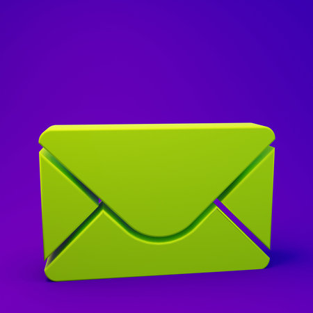 Green Mail and e-mail icon isolated on purple-blue background. Envelope symbol e-mail. Email message sign. Minimalism concept. 3D render illustration.の写真素材
