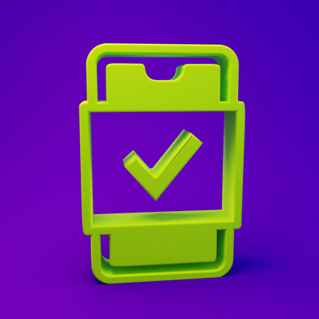 Green Mobile phone shopping icon isolated on purple-blue background. Online buying symbol. Supermarket basket symbol. Minimalism concept. 3D render illustration.の写真素材