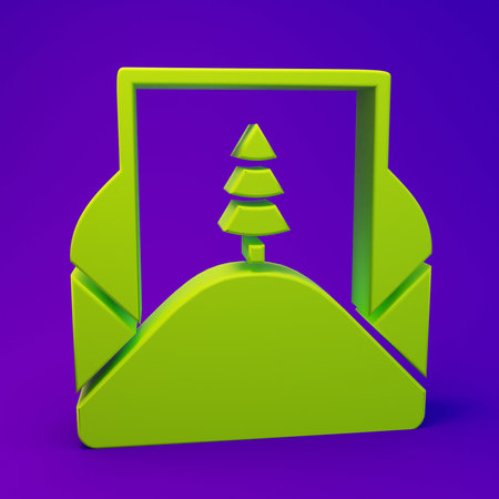 Green Envelope with christmas party invitation card icon isolated on purple-blue background. Merry Christmas and Happy New Year. Minimalism concept. 3D render illustration.の写真素材