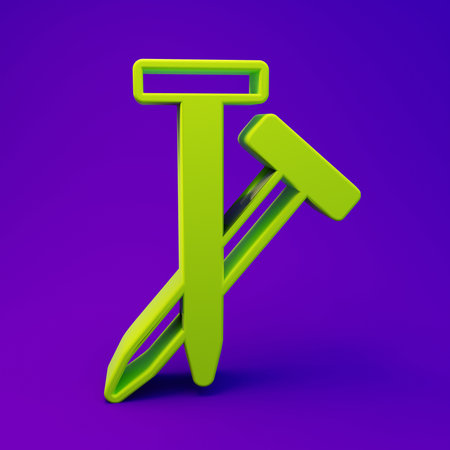 Green Metallic nails icon isolated on purple-blue background. Minimalism concept. 3D render illustration.の写真素材
