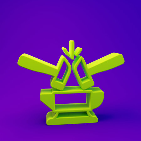 Green Blacksmith anvil tool and hammer icon isolated on purple-blue background. Metal forging. Forge tool. Minimalism concept. 3D render illustration.の写真素材