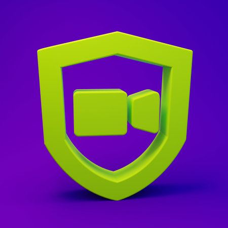 Green Video chat conference icon isolated on purple-blue background. Online meeting work form home. Remote project management. Minimalism concept. 3D render illustration.の写真素材