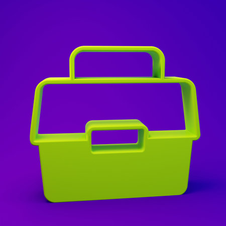 Green Case or box container for wobbler and gear fishing equipment icon isolated on purple-blue background. Fishing tackle. Minimalism concept. 3D render illustration.の写真素材