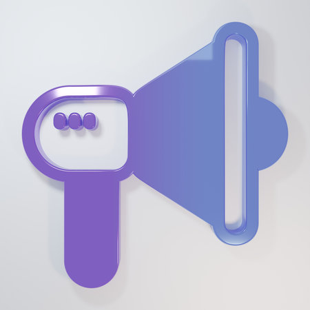 Purple-blue Megaphone icon isolated on gray background. Speaker sign. Minimalism concept. 3D render illustration.の写真素材