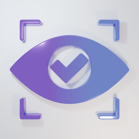 Purple-blue Eye scan icon isolated on gray background. Scanning eye. Security check symbol. Cyber eye sign. Minimalism concept. 3D render illustration.の写真素材