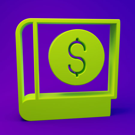 Green Financial book icon isolated on purple-blue background. Minimalism concept. 3D render illustration.の写真素材