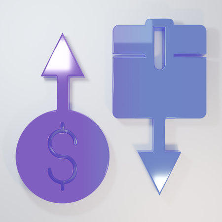 Purple-blue Tax carton cardboard box icon isolated on gray background. Box, package, parcel sign. Delivery and packaging. Minimalism concept. 3D render illustration.の写真素材