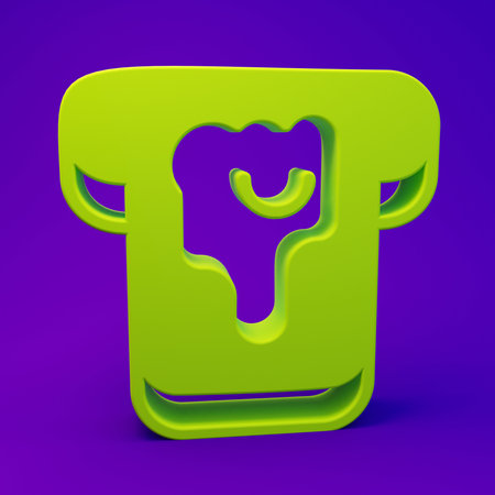 Green Piece of bread with honey icon isolated on purple-blue background. Toast with jam or honey. Minimalism concept. 3D render illustration.の写真素材