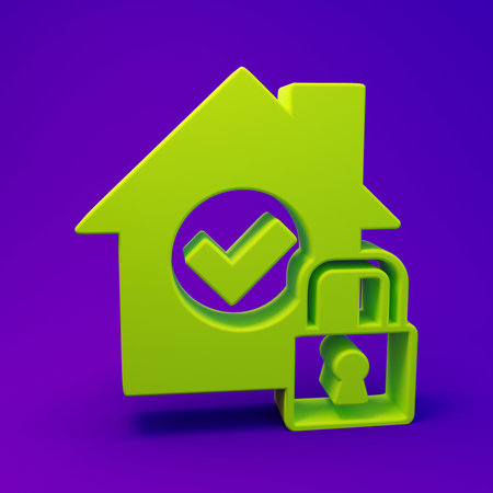 Green House under protection icon isolated on purple-blue background. Home and lock. Protection, safety, security, protect, defense concept. Minimalism concept. 3D render illustration.の写真素材