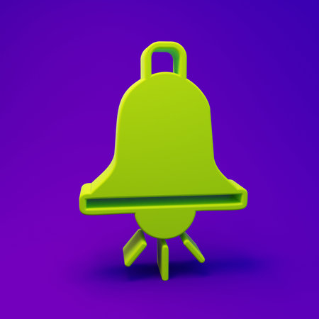 Green Ringing alarm bell icon isolated on purple-blue background. Fire alarm system. Service bell, handbell sign, notification symbol. Minimalism concept. 3D render illustration.の写真素材