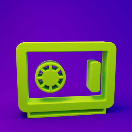 Green Safe icon isolated on purple-blue background. The door safe a bank vault with a combination lock. Reliable Data Protection. Minimalism concept. 3D render illustration.の写真素材