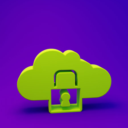 Green Cloud computing lock icon isolated on purple-blue background. Security, safety, protection concept. Protection of personal data. Minimalism concept. 3D render illustration.の写真素材