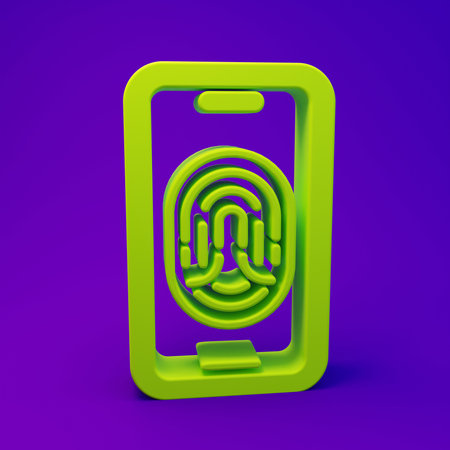 Green Smartphone with fingerprint scanner icon isolated on purple-blue background. Concept of security, personal access via finger on mobile. Minimalism concept. 3D render illustration.の写真素材