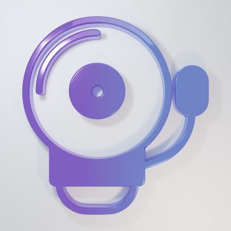 Purple-blue Ringing alarm bell icon isolated on gray background. Fire alarm system. Service bell, handbell sign, notification symbol. Minimalism concept. 3D render illustration.の写真素材