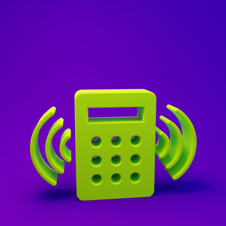 Green Security system control panel with display icon isolated on purple-blue background. Keypad of...