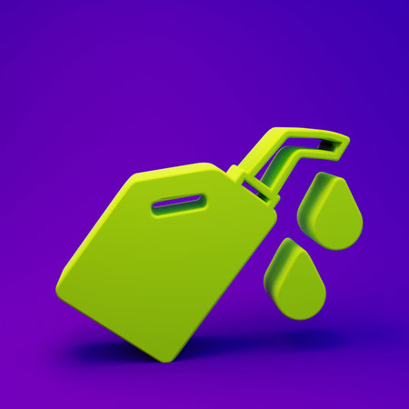 Green Canister for motor machine oil icon isolated on purple-blue background. Oil gallon. Oil change service and repair. Minimalism concept. 3D render illustration.の写真素材