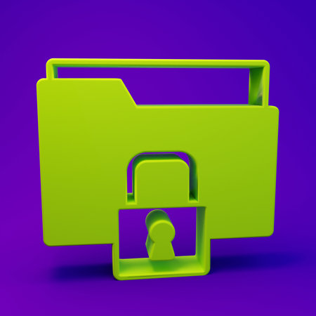 Green Folder and lock icon isolated on purple-blue background. Closed folder and padlock. Security, safety, protection concept. Minimalism concept. 3D render illustration.の写真素材