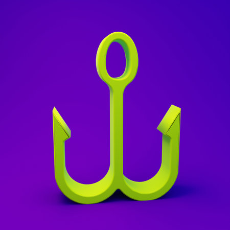 Green Fishing hook icon isolated on purple-blue background. Fishing tackle. Minimalism concept. 3D render illustration.の写真素材