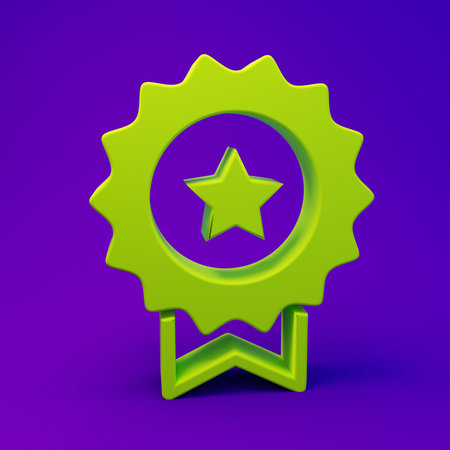 Green Medal with star icon isolated on purple-blue background. Winner achievement sign. Award medal. Minimalism concept. 3D render illustration.の写真素材