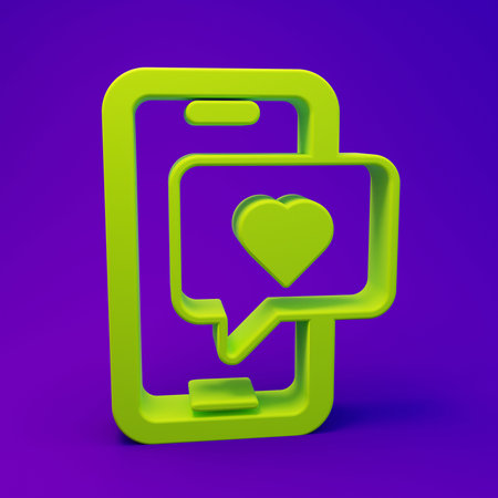 Green Smartphone with heart emoji speech bubble get message on screen icon isolated on purple-blue background. Valentines day. Minimalism concept. 3D render illustration.の写真素材