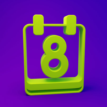 Green Calendar with 8 March icon isolated on purple-blue background. International Happy Women's Day. Minimalism concept. 3D render illustration.の写真素材