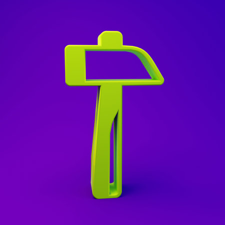Green Hammer icon isolated on purple-blue background. Tool for repair. Minimalism concept. 3D render illustration.の写真素材