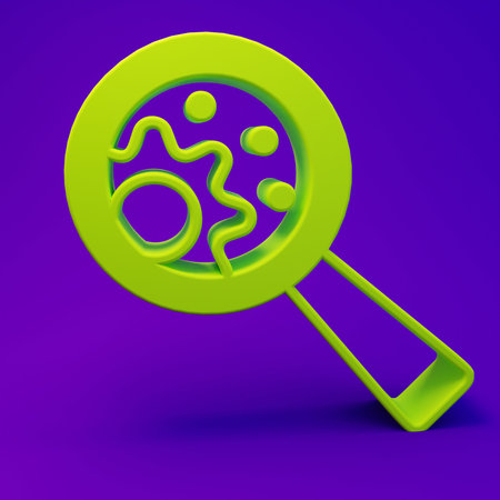 Green GMO icon isolated on purple-blue background. Genetically modified organism acronym. DNA food modification. Minimalism concept. 3D render illustration.の写真素材