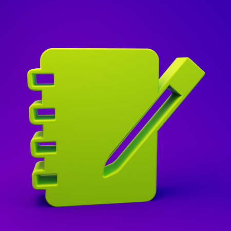 Green Notebook icon isolated on purple-blue background. Spiral notepad icon. School notebook. Writing pad. Diary for school. Minimalism concept. 3D render illustration.の写真素材