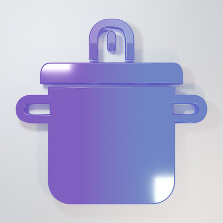 Purple-blue Cooking pot icon isolated on gray background. Boil or stew food symbol. Minimalism concept. 3D render illustration.の写真素材