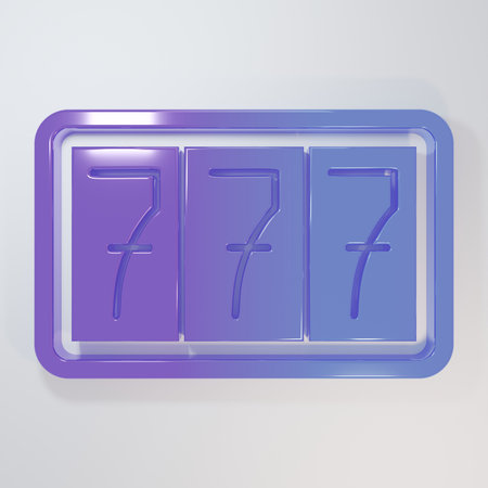Purple-blue Slot machine with lucky sevens jackpot icon isolated on gray background. Minimalism concept. 3D render illustration.の写真素材