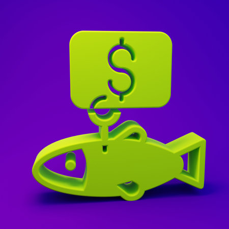 Green Price tag for fish icon isolated on purple-blue background. Minimalism concept. 3D render illustration.の写真素材