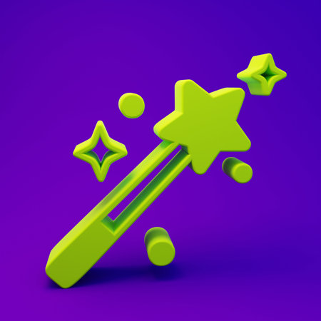 Green Magic wand icon isolated on purple-blue background. Star shape magic accessory. Magical power. Minimalism concept. 3D render illustration.の写真素材