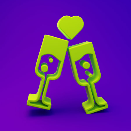 Green Glass of champagne icon isolated on purple-blue background. Happy Valentines day. Minimalism concept. 3D render illustration.の写真素材