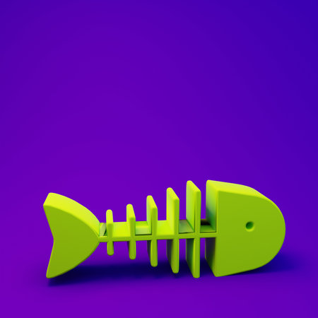 Green Fish skeleton icon isolated on purple-blue background. Fish bone sign. Minimalism concept. 3D render illustration.の写真素材