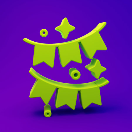 Green Carnival garland with flags icon isolated on purple-blue background. Party pennants for birthday celebration, festival and fair decoration. Minimalism concept. 3D render illustration.の写真素材