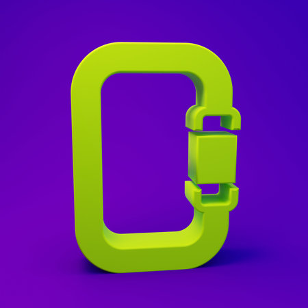 Green Carabiner icon isolated on purple-blue background. Extreme sport. Sport equipment. Minimalism...