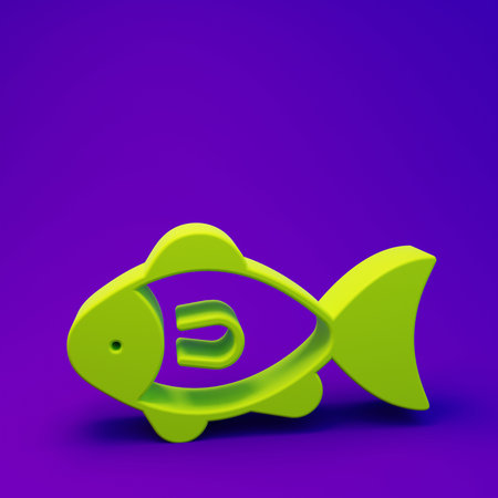 Green Fish icon isolated on purple-blue background. Minimalism concept. 3D render illustration.の写真素材