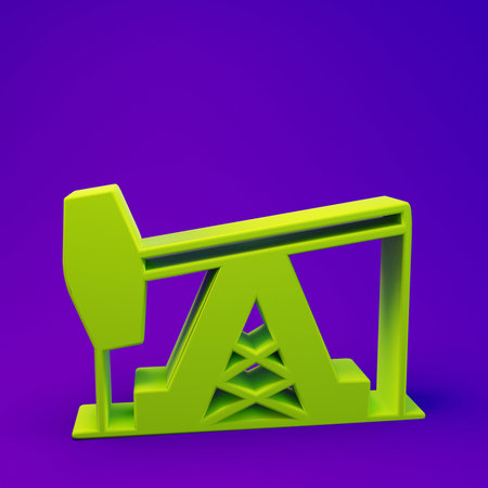Green Oil pump or pump jack icon isolated on purple-blue background. Oil rig. Minimalism concept. 3D render illustration.の写真素材