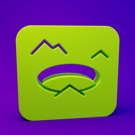 Green Winter fishing icon isolated on purple-blue background. Round ice frame. Hole in ice. Minimalism concept. 3D render illustration.の写真素材