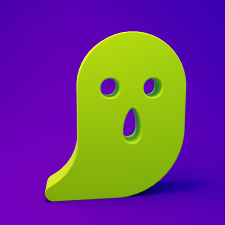 Green Ghost icon isolated on purple-blue background. Happy Halloween party. Minimalism concept. 3D render illustration.の写真素材
