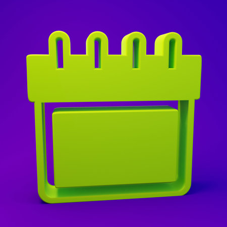 Green Calendar icon isolated on purple-blue background. Event reminder symbol. Minimalism concept. 3D render illustration.の写真素材