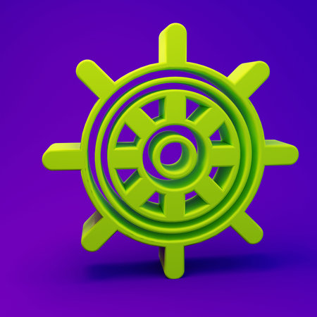 Green Ship steering wheel icon isolated on purple-blue background. Minimalism concept. 3D render illustration.の写真素材