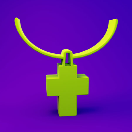 Green Christian cross on chain icon isolated on purple-blue background. Church cross. Minimalism concept. 3D render illustration.の写真素材