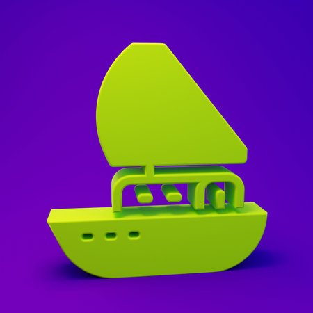 Green Yacht sailboat or sailing ship icon isolated on purple-blue background. Sail boat marine cruise travel. Minimalism concept. 3D render illustration.の写真素材