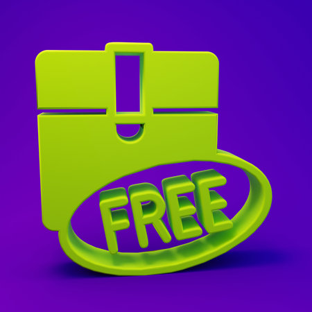 Green Cardboard box with free symbol icon isolated on purple-blue background. Box, package, parcel sign. Delivery, transportation and shipping. Minimalism concept. 3D render illustration.の写真素材
