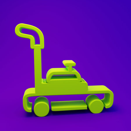 Green Lawn mower icon isolated on purple-blue background. Lawn mower cutting grass. Minimalism concept. 3D render illustration.の写真素材