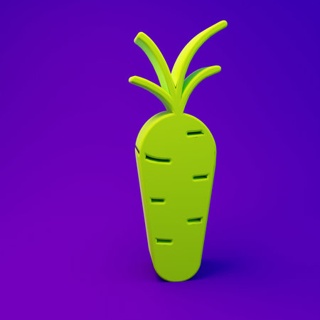 Green Carrot icon isolated on purple-blue background. Minimalism concept. 3D render illustration.の写真素材
